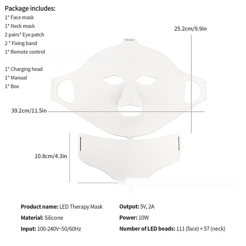 What's in the box: face mask 15.4 x 9.9 in and neck mask 4.3 in, flexible silicone, 168 LED diodes, 10 watts